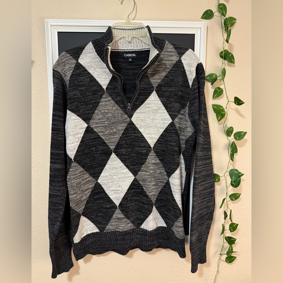 Carbon Men's Zip-Up Argyle Sweater in Black and White - Picture 1 of 2